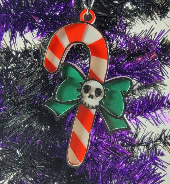 Spooky Skull Candy Cane 3D Printed Christmas Ornament