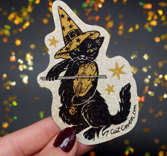 Violin Cat Glitter Sticker - Sticker Club