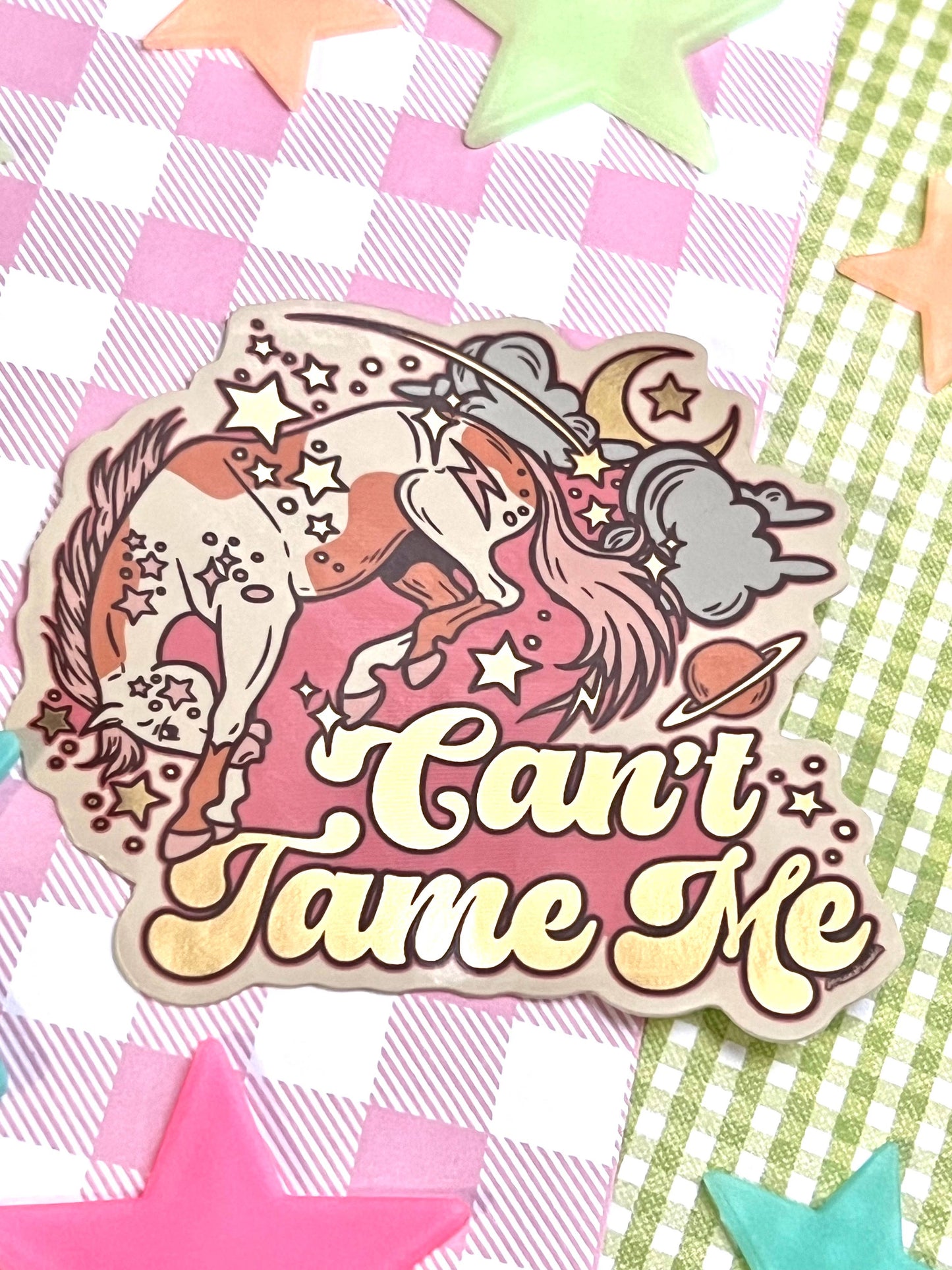 Can’t Tame Me Space Horse Retro Groovy Sticker