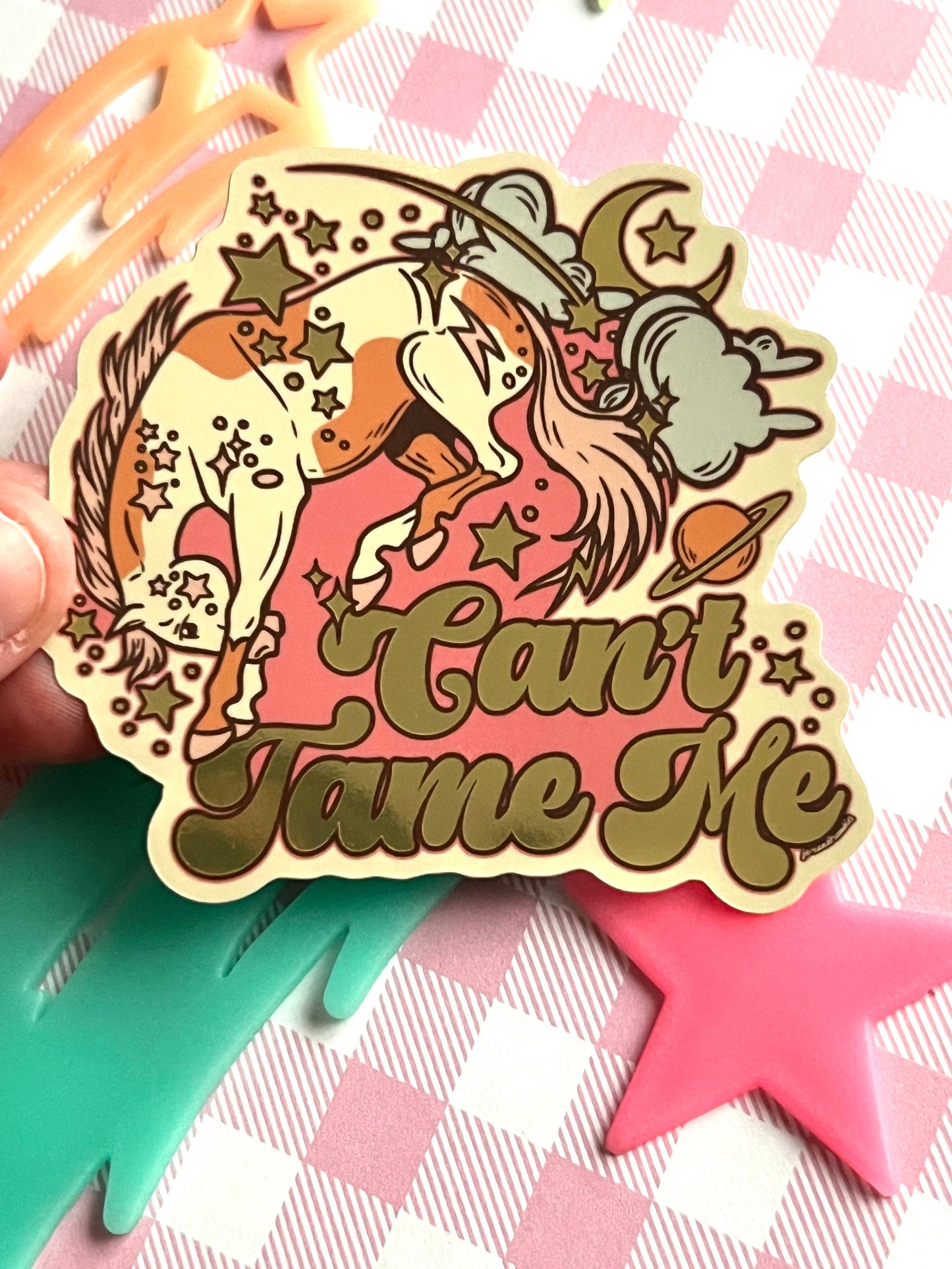 Can’t Tame Me Space Horse Retro Groovy Sticker
