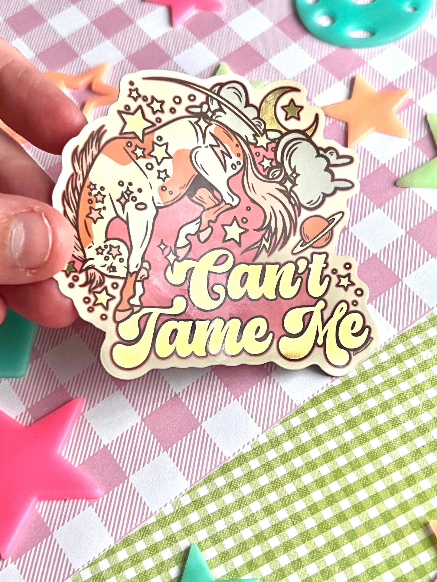 Can’t Tame Me Space Horse Retro Groovy Sticker