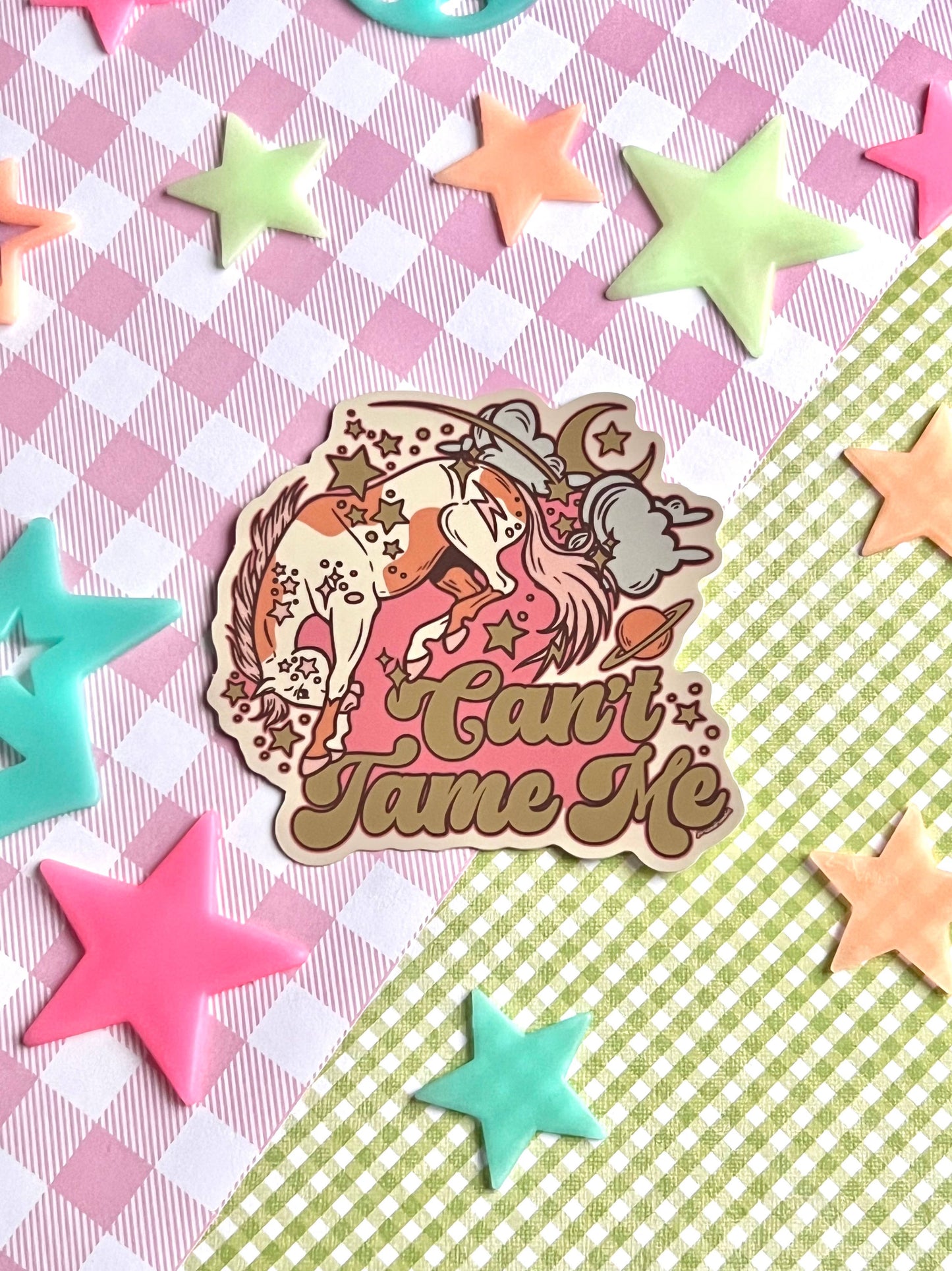 Can’t Tame Me Space Horse Retro Groovy Sticker